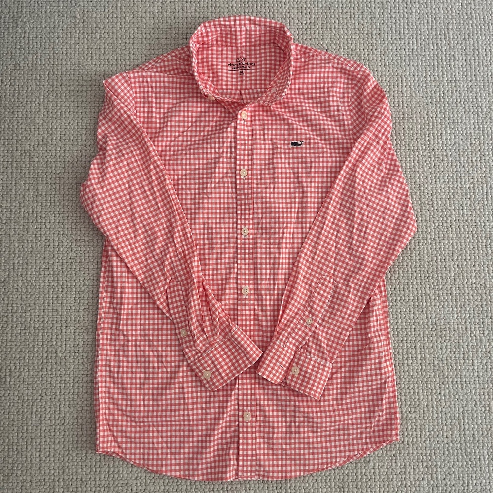 Vineyard Vines Boys Orange Gingham Performance Button Down (M)
